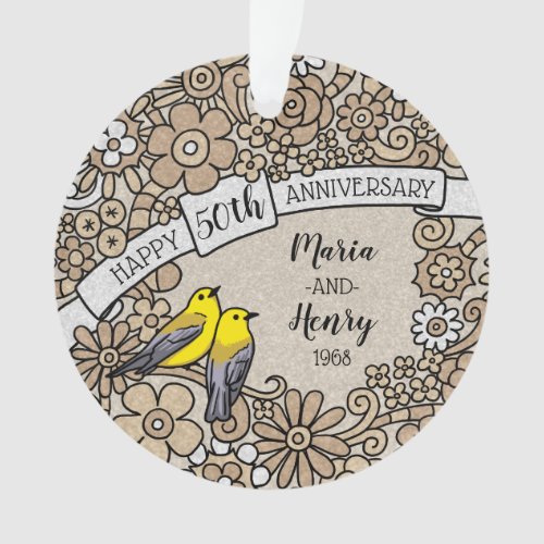 Personalized 50th Anniversary Gold Floral Birds Ornament