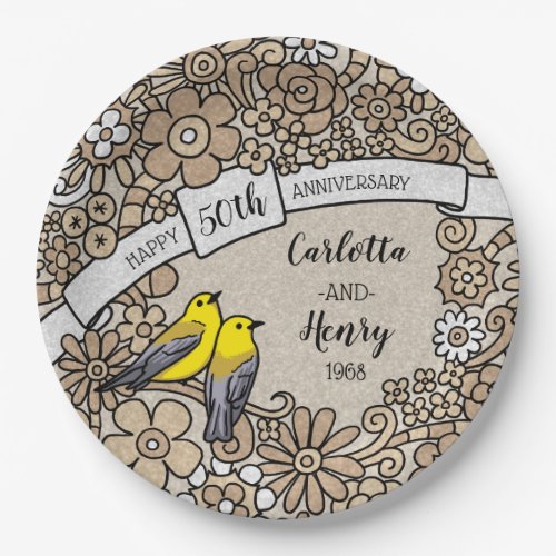 Personalized 50th Anniversary Gold Floral Birds Paper Plates