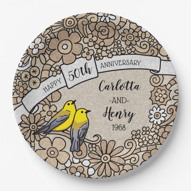 Personalized 50th Anniversary, Gold Floral Birds Paper Plates (Front)