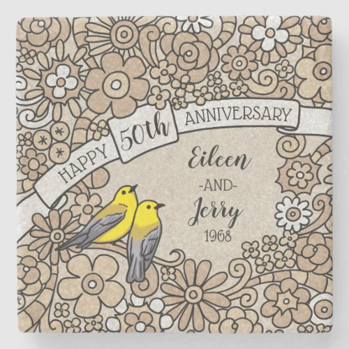 Personalized 50th Anniversary Gold Floral Birds Stone Coaster