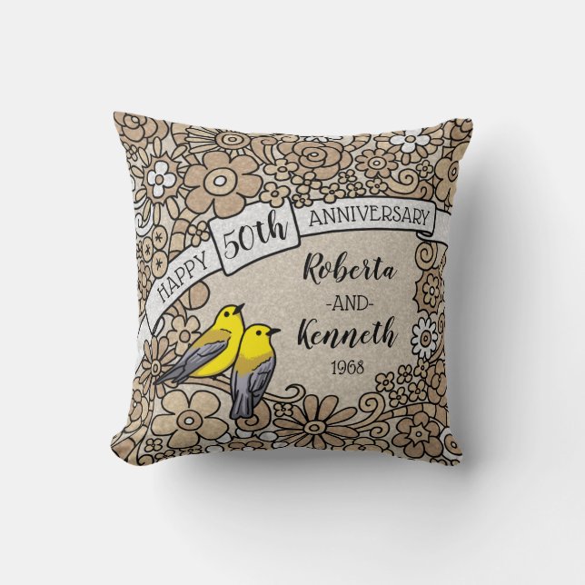 Personalized 50th Anniversary, Golden Floral Birds Throw Pillow (Front)