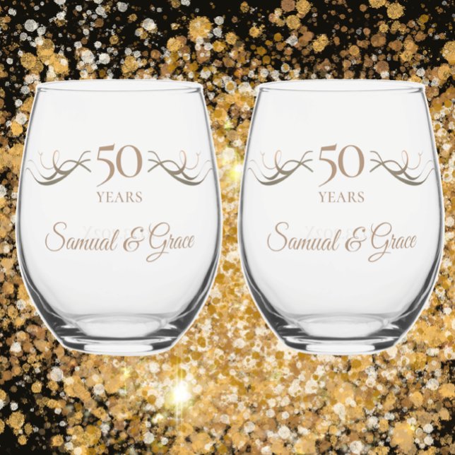 Personalized 50th Anniversary Keepsake Custom Gift Stemless Wine Glass (Customize 50th anniversary keepsake template with couples names, date, and any year anniversary gift)