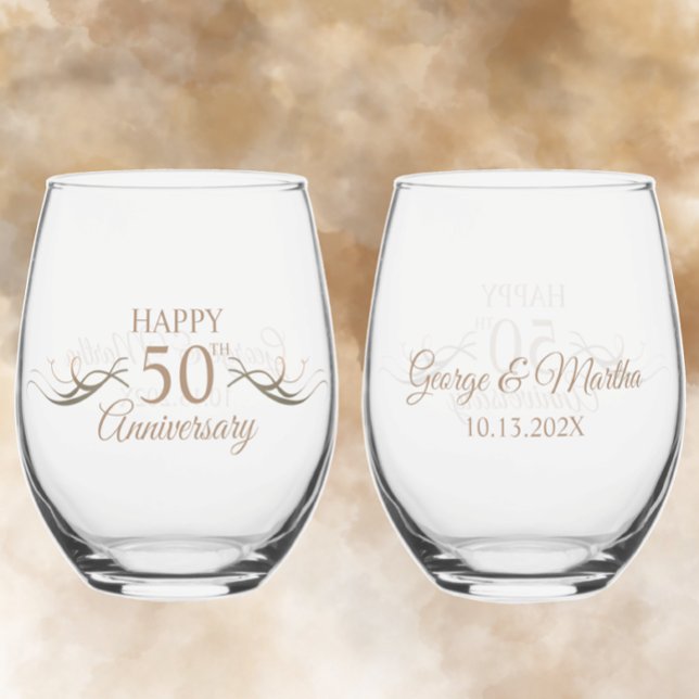 Personalized 50th Anniversary Keepsake Custom Gift Stemless Wine Glass (Add couples names and anniversary date for a beautiful unique custom 50th wedding anniversary gift
)