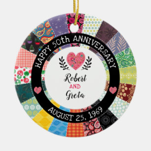 Personalized 50th Anniversary, Patchwork Quilt Ceramic Ornament