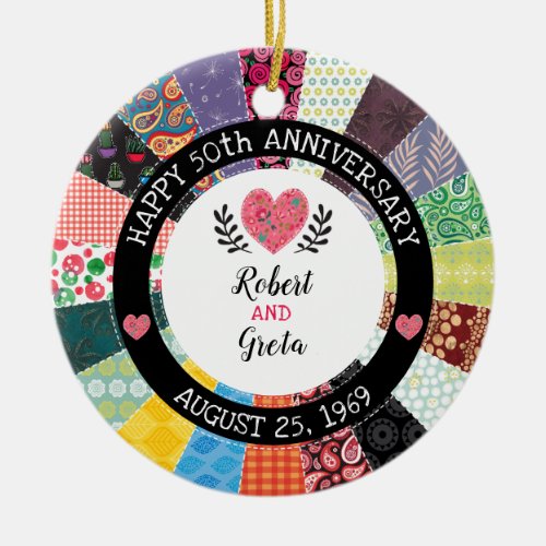 Personalized 50th Anniversary Patchwork Quilt Ceramic Ornament