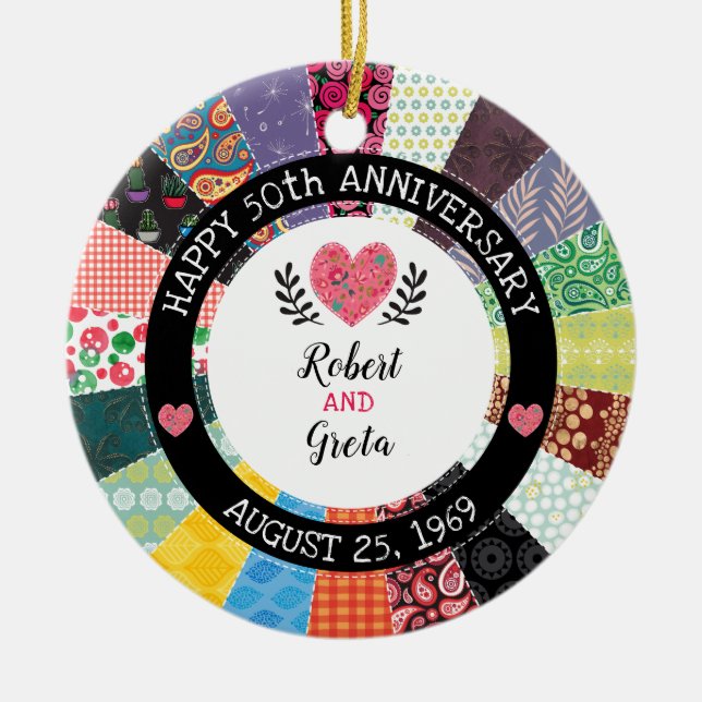 Personalized 50th Anniversary, Patchwork Quilt Ceramic Ornament (Front)