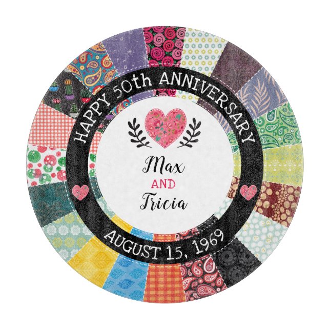 Personalized 50th Anniversary, Patchwork Quilt Cutting Board (Front)