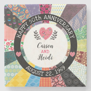 Personalized 50th Anniversary, Patchwork Quilt Stone Coaster
