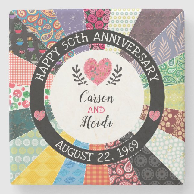 Personalized 50th Anniversary, Patchwork Quilt Stone Coaster (Front)