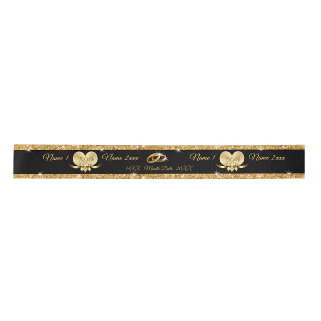 Personalized 50th Anniversary Ribbon, Black, Gold Satin Ribbon (Front)