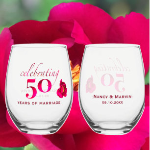 Personalized 50th Anniversary Unique Rose Keepsake Stemless Wine Glass