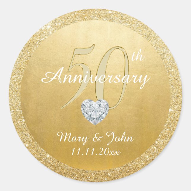 Personalized 50th Anniversary Wedding Gold Glitter Classic Round Sticker (Front)