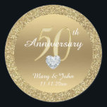 Personalized 50th Anniversary Wedding Gold Glitter Classic Round Sticker<br><div class="desc">Elegant personalized 50th wedding anniversary sticker / seals for envelopes and /or favors.  Faux gold and glitter colors with faux diamond heart.  Editable template labels with names and date.</div>