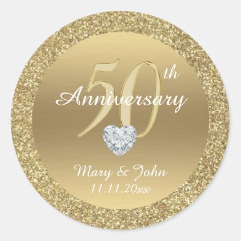 Personalized 50th Anniversary Wedding Gold Glitter Classic Round Sticker by UniqueWeddingShop at Zazzle