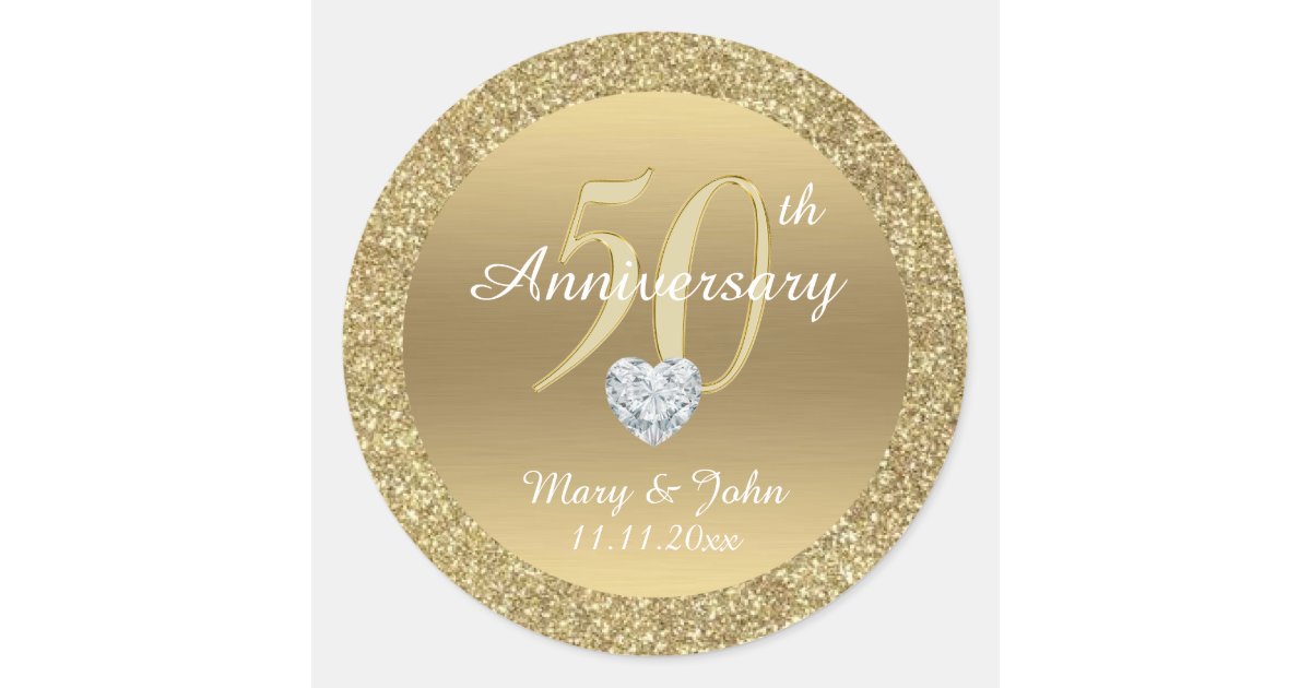 Personalized 50th Anniversary Wedding Gold Glitter Classic Round Sticker | Zazzle.com