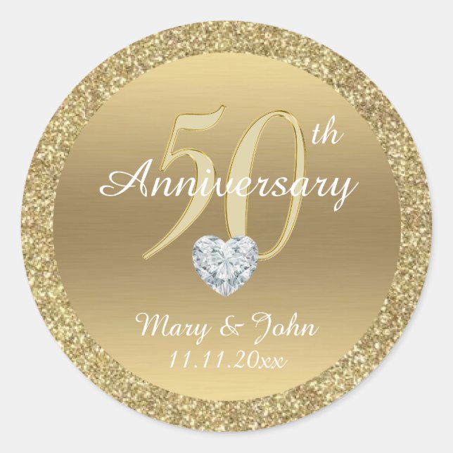 Personalized 50th Anniversary Wedding Gold Glitter Classic Round Sticker (Front)