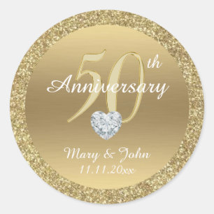 Personalized 50th Anniversary Wedding Gold Glitter Classic Round Sticker