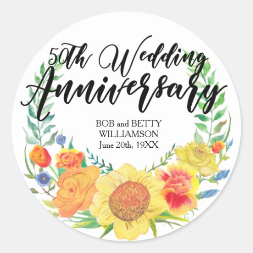 Personalized 50th Anniversary Yellow Floral Wreath Classic Round Sticker