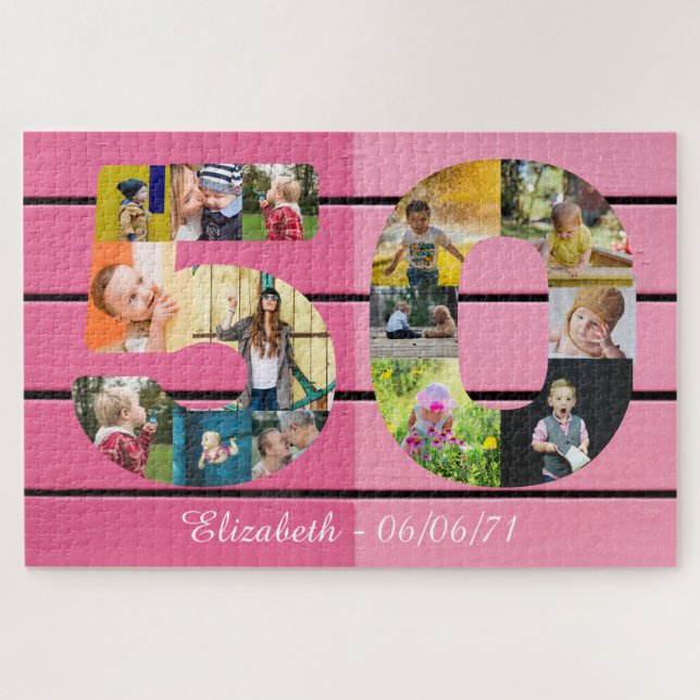 Personalized 50th Birthday 14 Photo Collage Pink Jigsaw Puzzle (Horizontal)