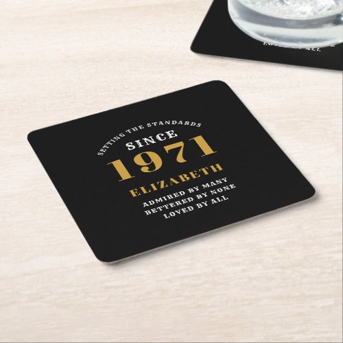 Personalized 50th Birthday 1971 Black Gold For Her Square Paper Coaster