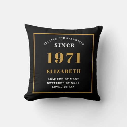 Personalized 50th Birthday 1971 Elegant Chic Black Throw Pillow