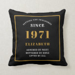 Personalized 50th Birthday 1971 Elegant Chic Black Throw Pillow<br><div class="desc">For those born in 1971 and celebrating their 50th birthday we have the ideal surprise birthday party throw pillow gift. The black background with a white and gold design is simple and yet elegant. Easily customize the text to the front and the interior of these party supplies using the template...</div>