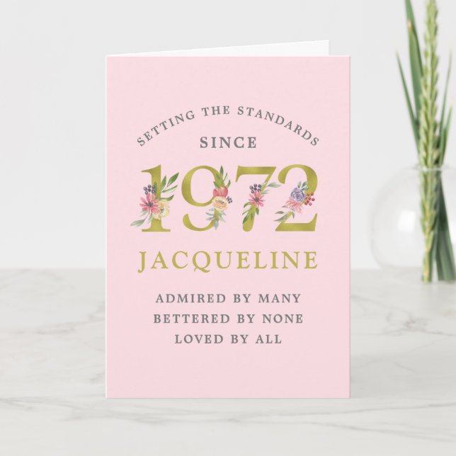 Personalized 50th Birthday 1972 Pink Gold Floral Card (Front)