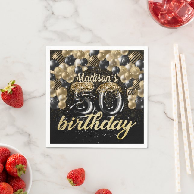 Personalized 50th Birthday Black Gold Balloon Napkins (Insitu)