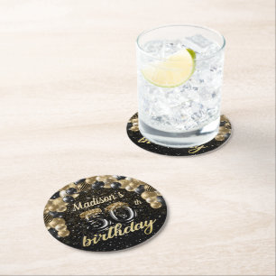 Personalized 50th Birthday Black Gold Round Paper Coaster