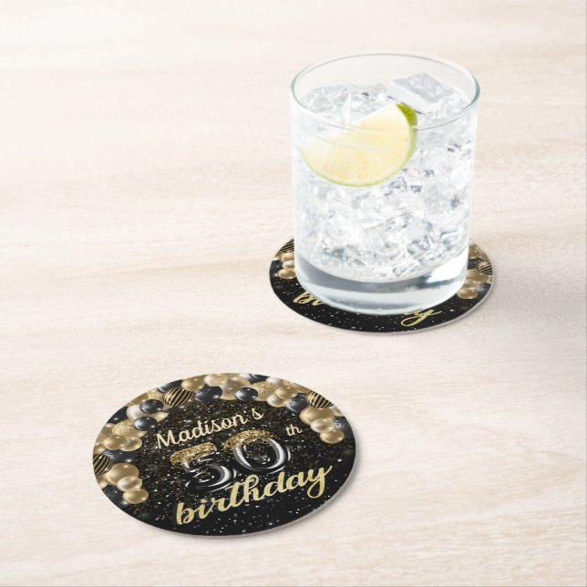 Personalized 50th Birthday Black Gold Round Round Paper Coaster (Insitu)