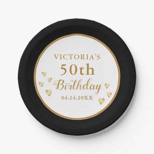 Personalized 50th Birthday Black White Gold Paper Plates