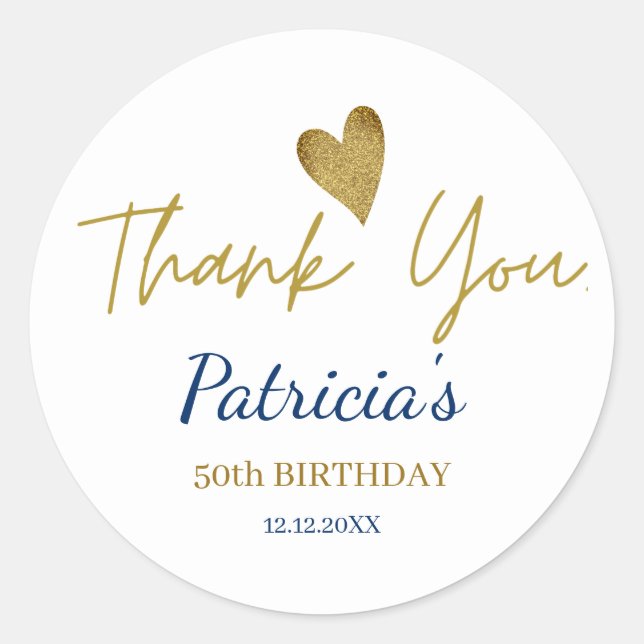 Personalized 50th Birthday Blue Gold Thank You  Classic Round Sticker (Front)