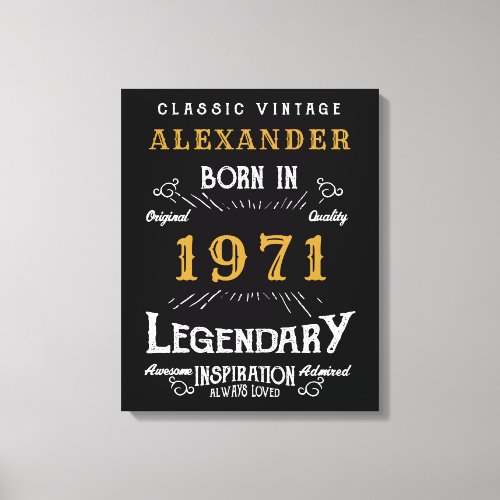 Personalized 50th Birthday Born 1971 Vintage Black Canvas Print