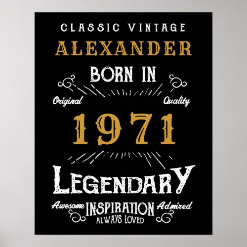 Personalized 50th Birthday Born 1971 Vintage Black Poster