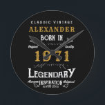 Personalized 50th Birthday Born 1971 Vintage Black Round Clock<br><div class="desc">A personalized wall clock for that birthday gentleman born in 1971 and turning 50. Add the name to this vintage retro style black, white and gold design for a custom 50th birthday gift. Easily edit the name and year with the template provided. A wonderful custom black birthday gift. More gifts...</div>