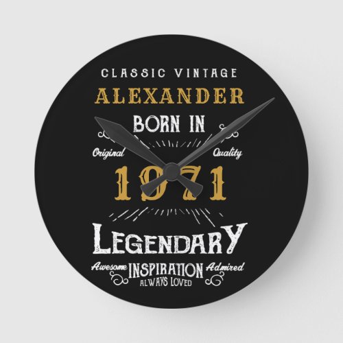 Personalized 50th Birthday Born 1971 Vintage Black Round Clock