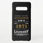 Personalized 50th Birthday Born 1971 Vintage Black Samsung Galaxy S10  Case<br><div class="desc">A personalized classic Samsung Galaxy phone case design for that birthday celebration for somebody born in 1971 and turning 50. Add the name to this vintage retro style black, white and gold design for a custom 50th birthday gift. Easily edit the name and year with the template provided. A wonderful...</div>