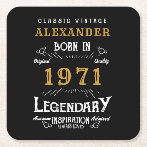 Personalized 50th Birthday Born 1971 Vintage Black Square Paper Coaster