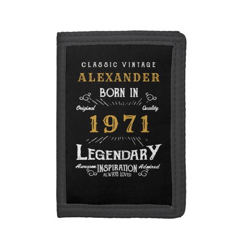 Personalized 50th Birthday Born 1971 Vintage Black Trifold Wallet