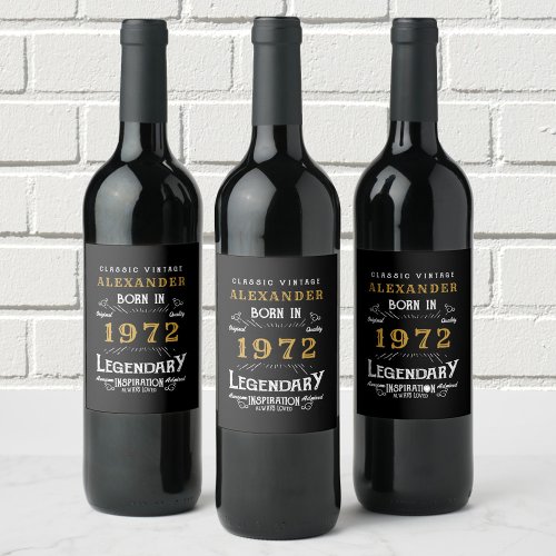 Personalized 50th Birthday Born 1972 Vintage Black Wine Label