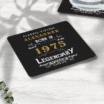 Personalized 50th Birthday Born 1975 Vintage Black Square Paper Coaster<br><div class="desc">A personalized classic paper coaster design for that birthday celebration for somebody born in 1975 and turning 50. Add the name to this vintage retro style black, white and gold design for a custom 50th birthday gift. Easily edit the name and year with the template provided. A wonderful custom black...</div>