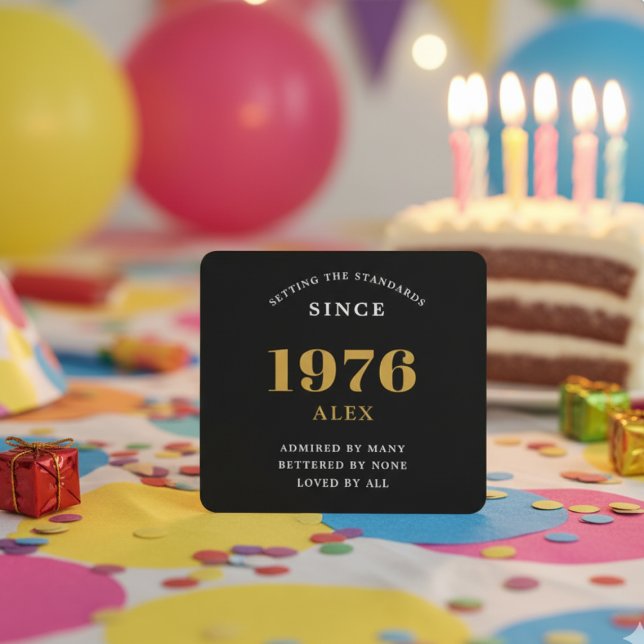 Personalized 50th birthday Born 1976 Black Gold Square Paper Coaster (Coaster on a birthday party table.)