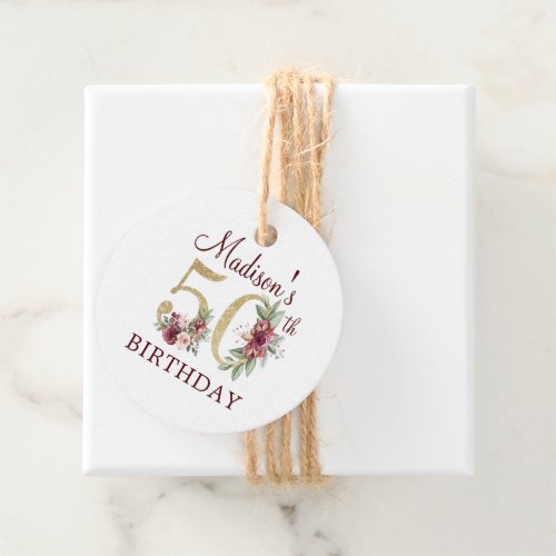 Personalized 50th Birthday Floral Burgundy Gold Favor Tags