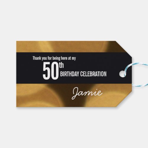 Personalized 50th Birthday gold and black bokeh Gift Tags