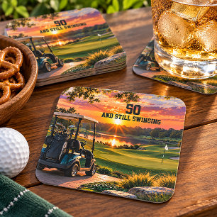Personalized 50th Birthday Golf Party Golf Cart Square Paper Coaster