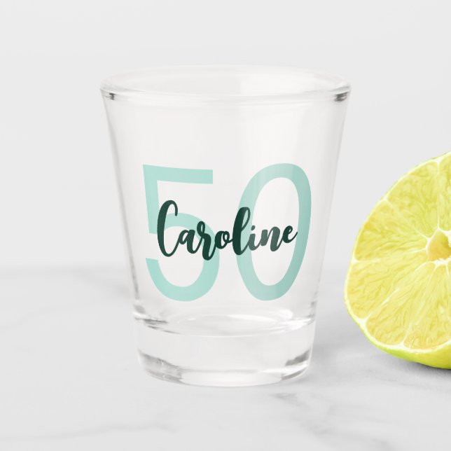 Personalized 50th Birthday Modern Teal Script Shot Glass (Front)