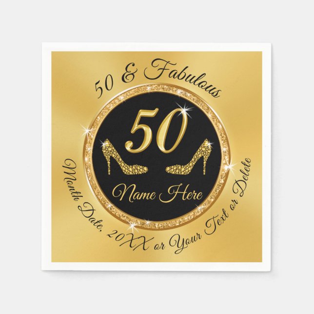 Personalized 50th Birthday Napkins Black and Gold (Front)