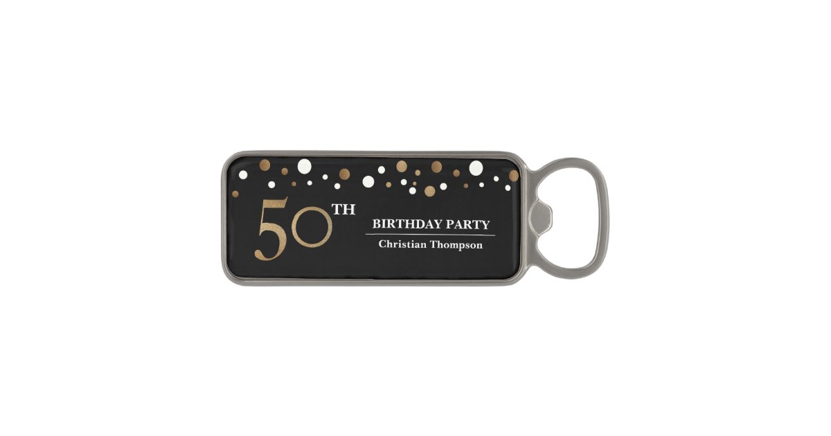 Personalized 50th birthday party Gold and Black Bottle Opener