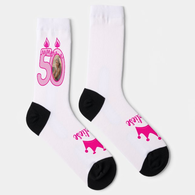 Personalized 50th Birthday Photo Crown Pink Socks (Right)