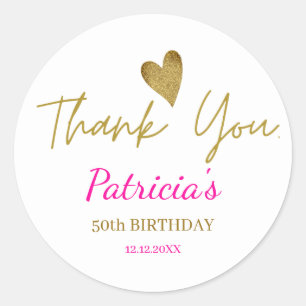 Personalized 50th Birthday Pink Gold Thank You   Classic Round Sticker